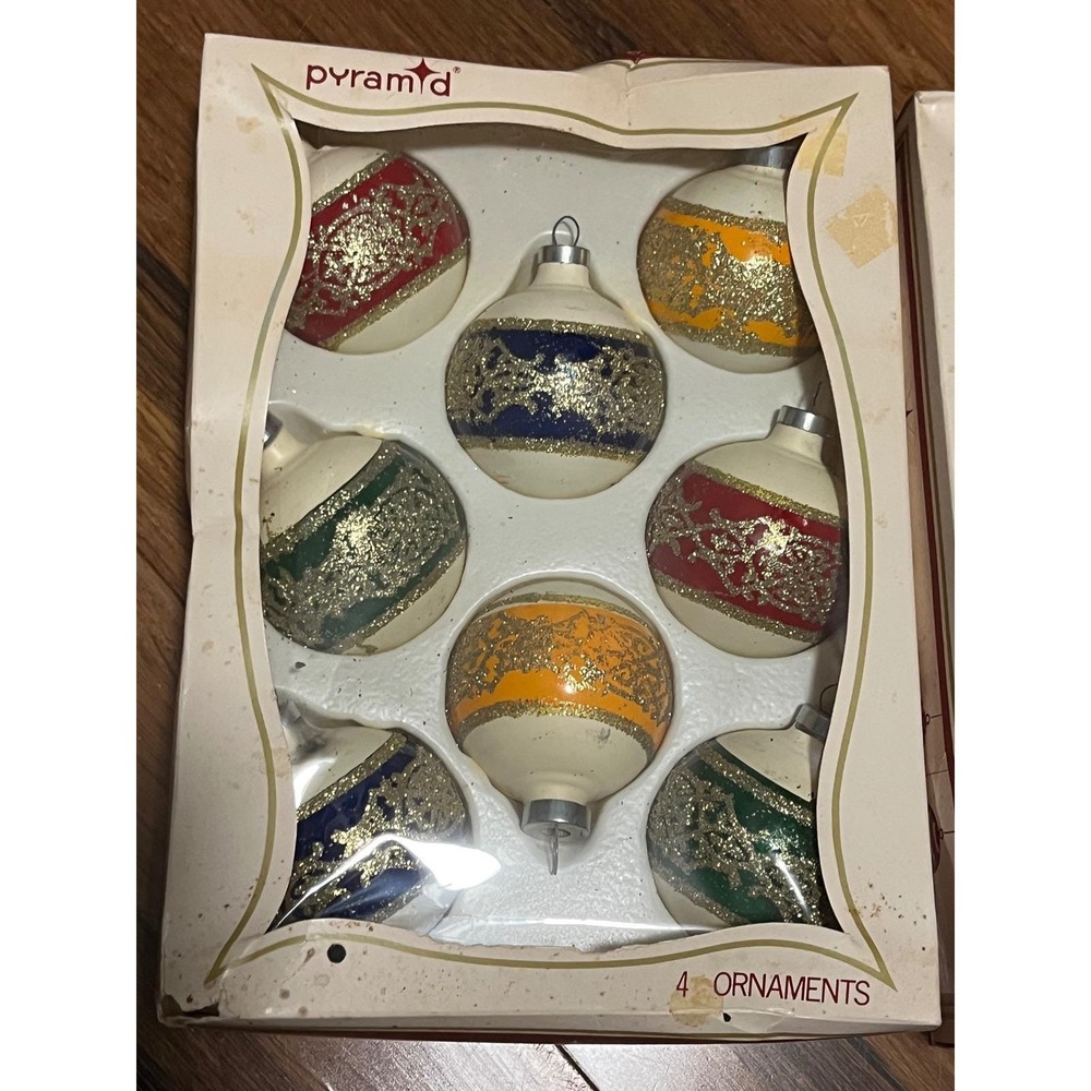 Vintage Pyramid Glitter Glass Ball Christmas Tree Ornaments Multi Color‎ 2 box